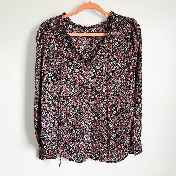 Loft Vine Floral Black Pink Ruffle Collar Tie Back Flowy Blouse sz Small - Picture 8 of 9